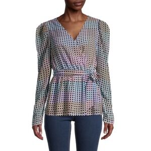 Calvin Klein Women's Puff Sleeve Wrap Blouse Pastel Check Print Size M‎